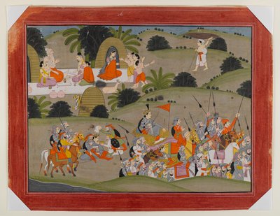 Schlacht zwischen Lava und Ramas Bruder Shatrughna, nahe der Einsiedelei von Valmiki, Seite aus einer verstreuten Ramayana-Serie, ca. 1820 von Indian School